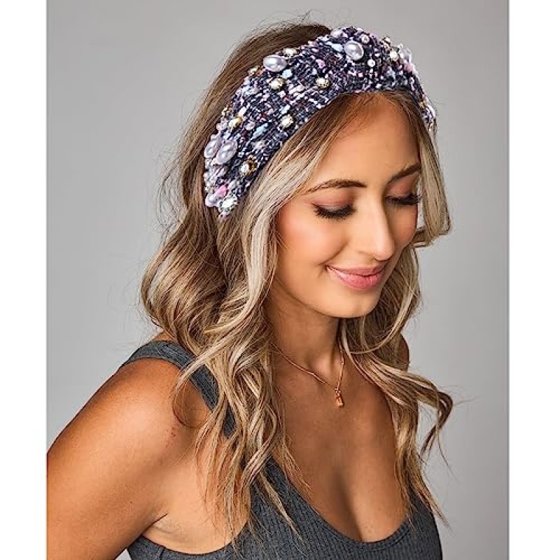여성용 NVENF 매듭 머리띠, 진주 크리스탈 매듭 머리띠, 라인 석 장식 보석 머리띠 와이드 탑 매듭 헤어 밴드 여성 패션 헤어 액세서리 (회색)