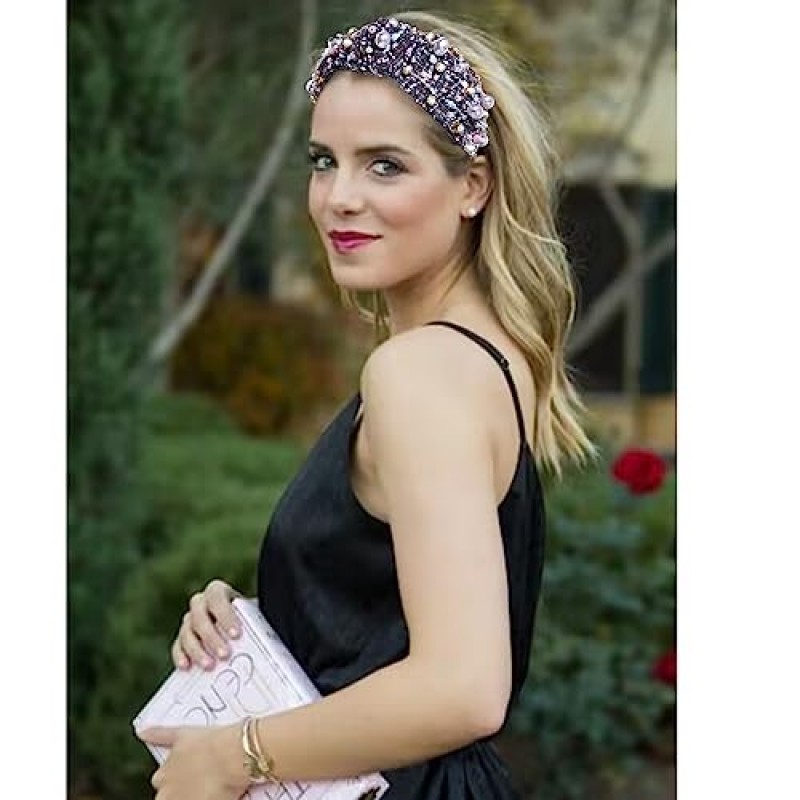 여성용 NVENF 매듭 머리띠, 진주 크리스탈 매듭 머리띠, 라인 석 장식 보석 머리띠 와이드 탑 매듭 헤어 밴드 여성 패션 헤어 액세서리 (회색)