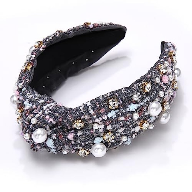 여성용 NVENF 매듭 머리띠, 진주 크리스탈 매듭 머리띠, 라인 석 장식 보석 머리띠 와이드 탑 매듭 헤어 밴드 여성 패션 헤어 액세서리 (회색)