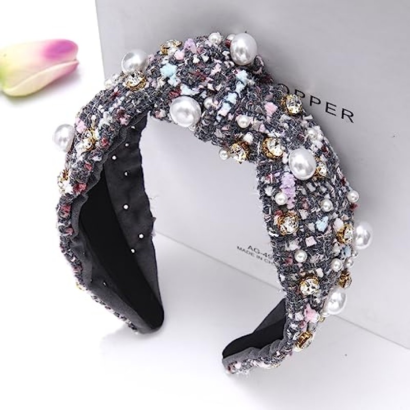 여성용 NVENF 매듭 머리띠, 진주 크리스탈 매듭 머리띠, 라인 석 장식 보석 머리띠 와이드 탑 매듭 헤어 밴드 여성 패션 헤어 액세서리 (회색)