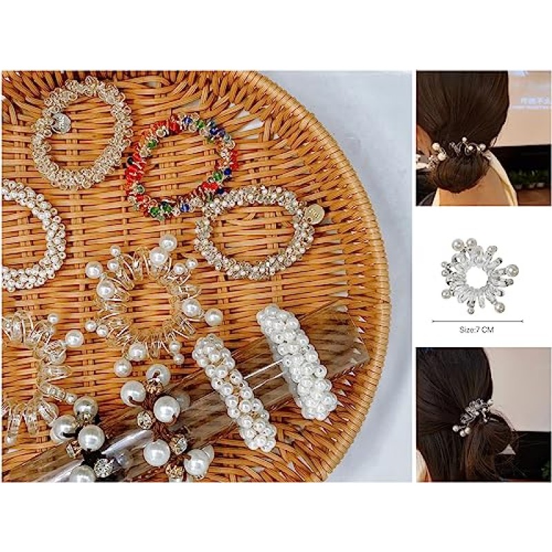 여성을위한 10-Pcs 헤어 액세서리 크리스탈 탄성 Scrunchies 헤어 Elastics 밴드 Boho Elastics 진주 밧줄 포니 테일 홀더