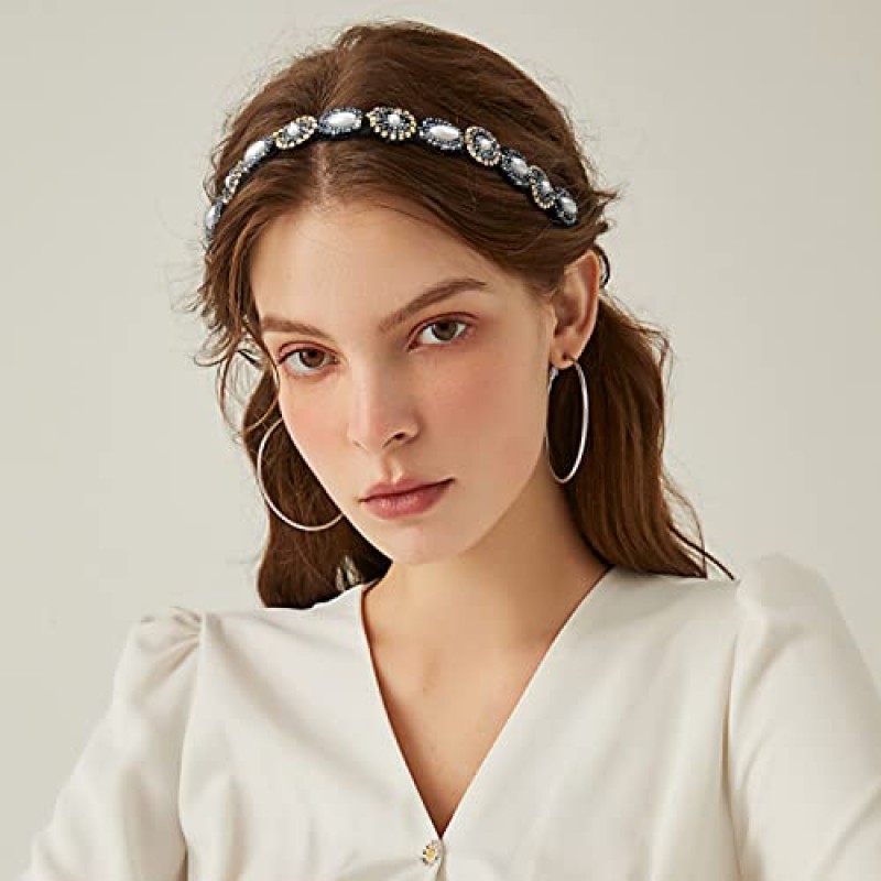 AMCAMI 5Pcs 파란색 된 머리띠 여성을위한 라인 석 머리띠 탄성 머리띠 여성 머리띠 소녀를위한 수제 크리스탈 파란색 된 헤어 밴드 빈티지 헤어 액세서리 파티 일일 모자를 쓰고 있죠