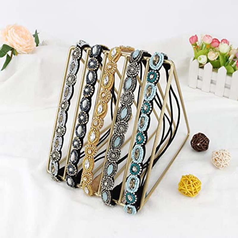 AMCAMI 5Pcs 파란색 된 머리띠 여성을위한 라인 석 머리띠 탄성 머리띠 여성 머리띠 소녀를위한 수제 크리스탈 파란색 된 헤어 밴드 빈티지 헤어 액세서리 파티 일일 모자를 쓰고 있죠