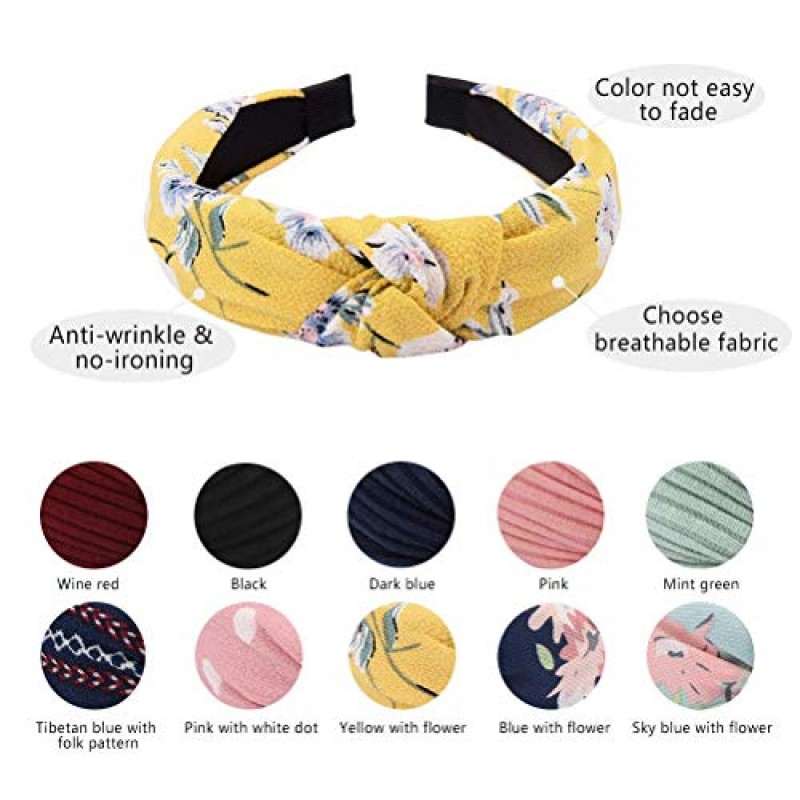 TOBATOBA 10 팩 여성용 머리띠 여성용 넓은 매듭 머리띠, 머리 밴드 미끄럼 방지 패션 터번 매듭 머리띠, 여름 꽃 머리띠 및 순수 컬러 머리띠, 여성용 헤어 액세서리 소녀
