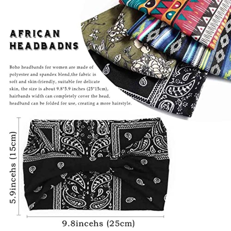 Acenail 와이드 헤드 밴드 여성 터번 매듭 머리띠 탄성 미끄럼 방지 헤어 밴드 아프리카 헤드 밴드 면 운동 헤드 랩 보헤미안 헤드 밴드 러닝 스포츠 헤어 밴드 요가 헤드 스카프 여성 및 여아용 보호 헤어 액세서리 4 팩(#5 패션)