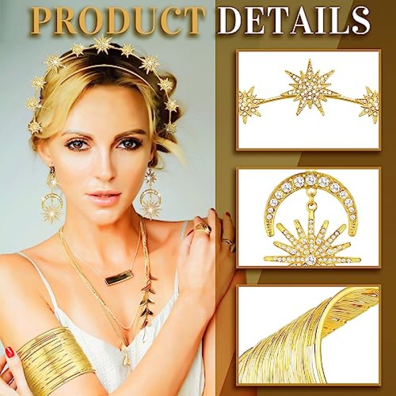 WILLBOND 15 조각 그리스 여신 의상 액세서리 여성 토가 황금 잎 신부 크라운 머리띠 팔찌 진주 귀걸이와 머리핀 (달 스타일)