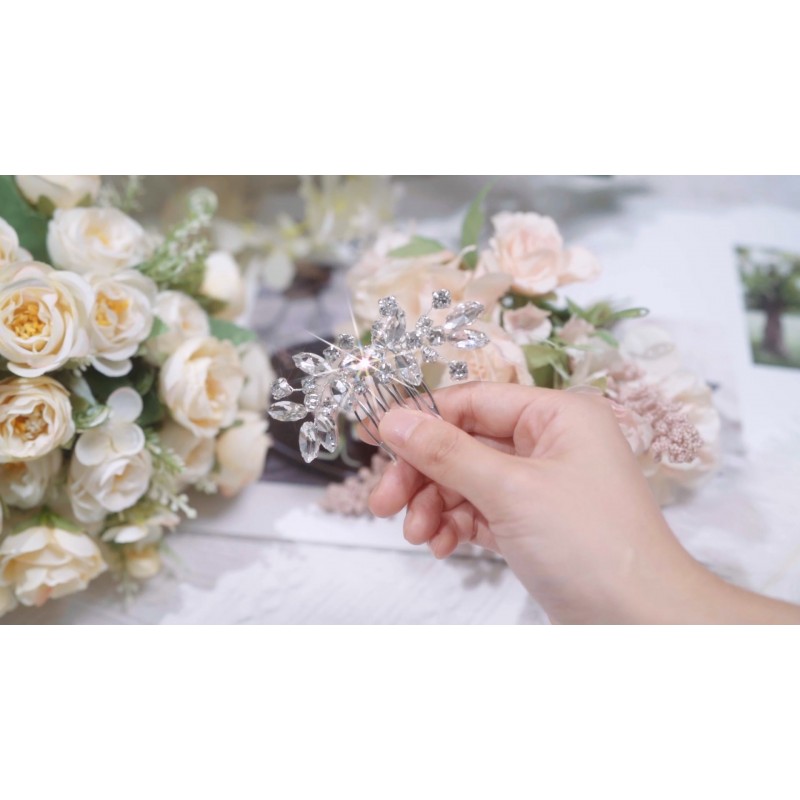 여자와 여자를위한 2 Pcs 신부 웨딩 헤어 빗 라인 석 실버 신부 사이드 빗 오팔 크리스탈 헤어 피스 헤어 액세서리