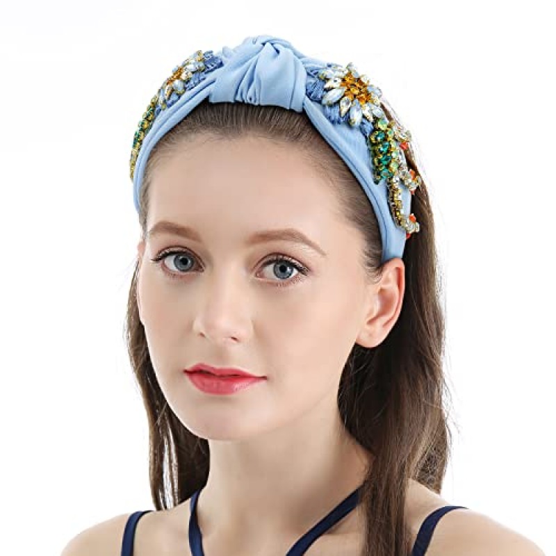 Qianxuan 라인 석 크리스탈 머리띠 여성을위한 수제 보석 소녀 헤어 액세서리 다이아몬드 패션 머리띠 소녀 수제 페르시 반짝이 꽃 Hairbands