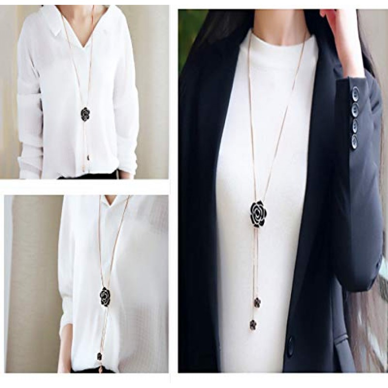 Cathercing 라인스톤 블랙 로즈 펜던트 여성용 긴 목걸이 스웨터 체인 문 목걸이 초커 조절 가능 우아한 보석 크리스탈 액세서리 멋진 배열 겨울 저녁 파티 결혼식