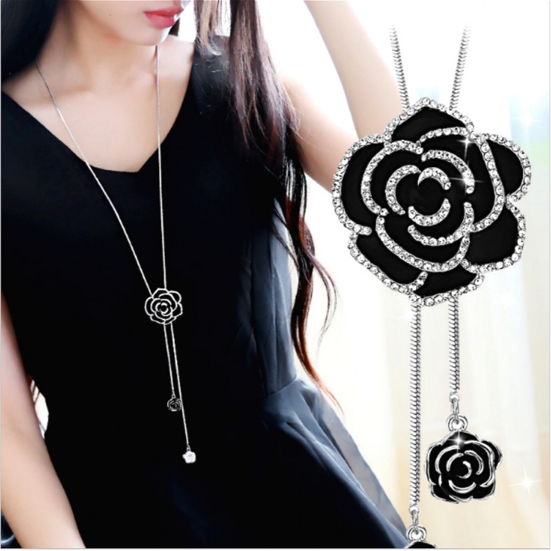 Cathercing 라인스톤 블랙 로즈 펜던트 여성용 긴 목걸이 스웨터 체인 문 목걸이 초커 조절 가능 우아한 보석 크리스탈 액세서리 멋진 배열 겨울 저녁 파티 결혼식