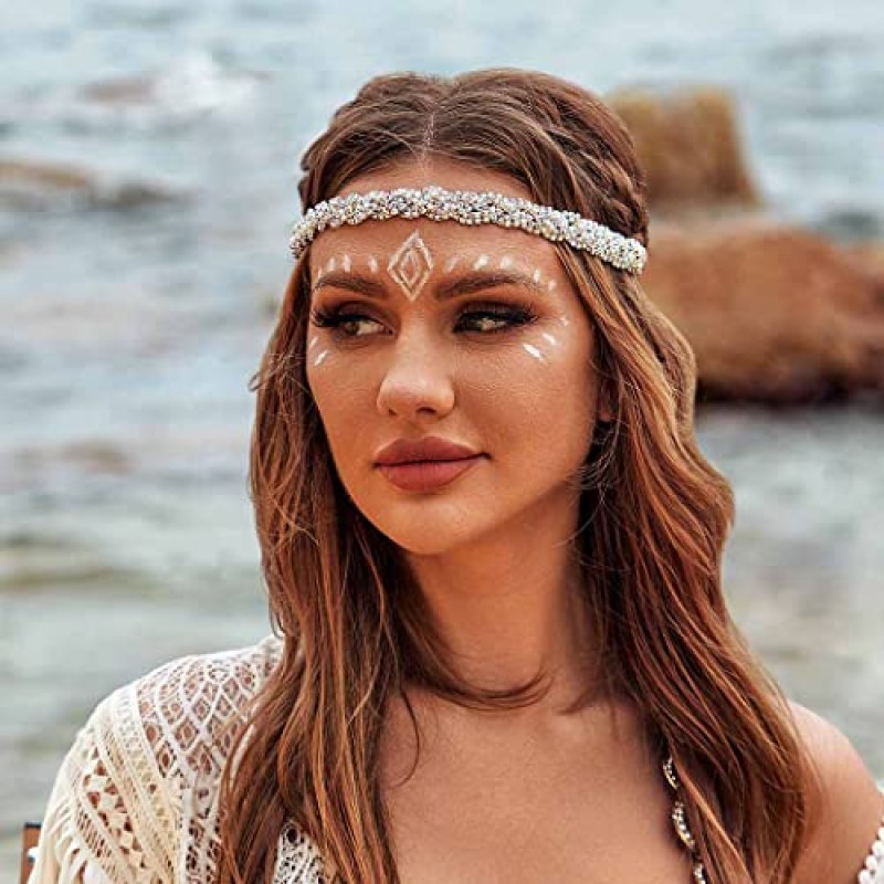 deladola 라인 석 머리띠 크리스탈 헤드 피스 쥬얼리 실버 헤드 체인 여성용 반짝 이는 헤어 액세서리 (다채로운)