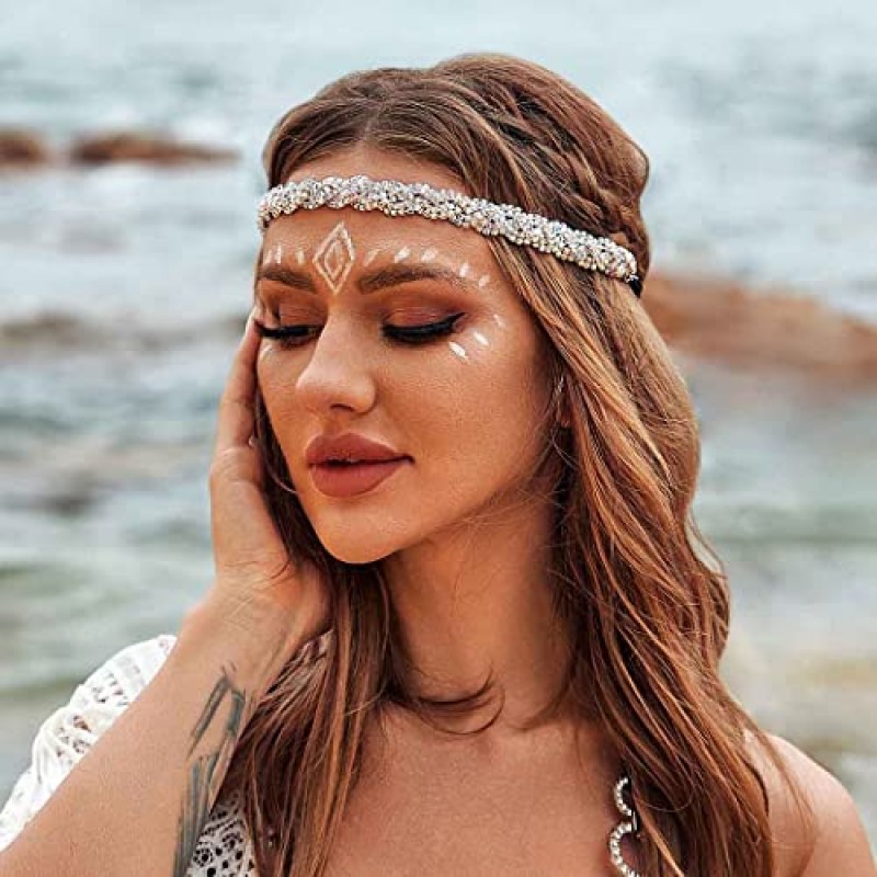 deladola 라인 석 머리띠 크리스탈 헤드 피스 쥬얼리 실버 헤드 체인 여성용 반짝 이는 헤어 액세서리 (다채로운)