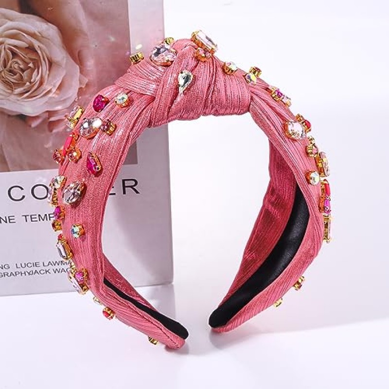 HEIDKRUEGER 크리스탈 매듭 머리띠 로즈 레드 비즈 여성용 머리띠 장식 소녀 스위트 패션 헤어 후프 액세서리 (핑크)