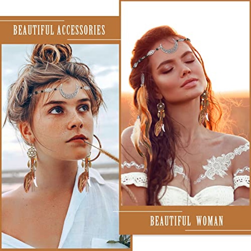 5 팩 깃털 헤어 클립 Boho 헤드 문 체인 크리스탈 빈티지 이마 쥬얼리 마녀 헤드 피스 파티 할로윈 여성을위한 긴 술 깃털 귀걸이 의상과 히피 빗 (레트로 실버)