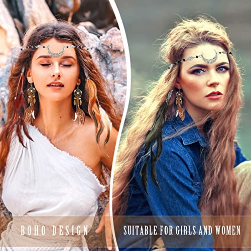 5 팩 깃털 헤어 클립 Boho 헤드 문 체인 크리스탈 빈티지 이마 쥬얼리 마녀 헤드 피스 파티 할로윈 여성을위한 긴 술 깃털 귀걸이 의상과 히피 빗 (레트로 실버)