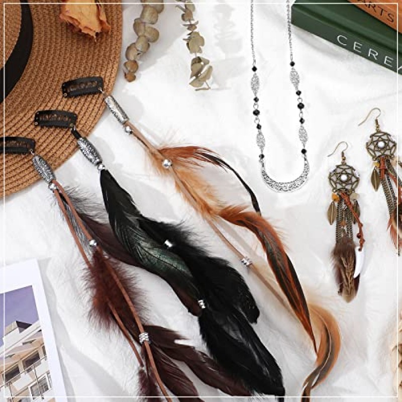 5 팩 깃털 헤어 클립 Boho 헤드 문 체인 크리스탈 빈티지 이마 쥬얼리 마녀 헤드 피스 파티 할로윈 여성을위한 긴 술 깃털 귀걸이 의상과 히피 빗 (레트로 실버)