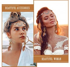 5 팩 깃털 헤어 클립 Boho 헤드 문 체인 크리스탈 빈티지 이마 쥬얼리 마녀 헤드 피스 파티 할로윈 여성을위한 긴 술 깃털 귀걸이 의상과 히피 빗 (레트로 실버)