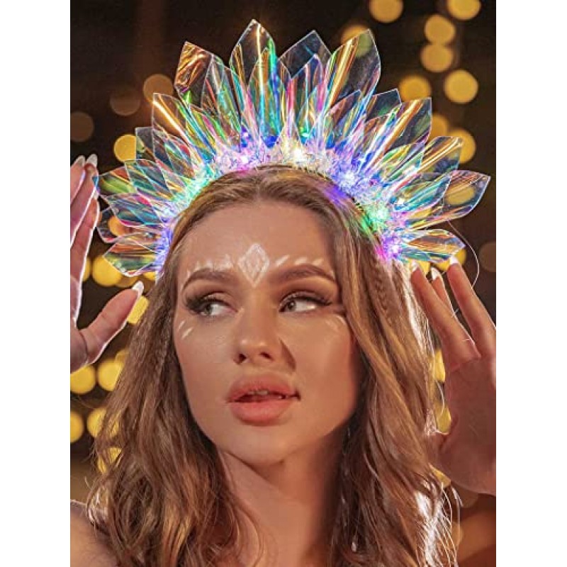 GENBREE 라이트 업 머리띠 LED 플래시 빛나는 헤어 밴드 레이저 헤어 후프 티아라 빛나는 머리띠 나이트 클럽 파티 축제 모자를 쓰고 있죠 의상 헤어 액세서리 여성과 소녀를위한