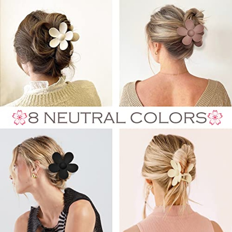 꽃 헤어 클립 큰 8PCS 귀여운 데이지 매트 강한 잡아 턱 발톱 클립 큰 머리 클램프 여자를위한 두꺼운 얇은 머리 여자 선물 8 중립 색상