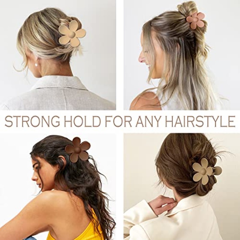꽃 헤어 클립 큰 8PCS 귀여운 데이지 매트 강한 잡아 턱 발톱 클립 큰 머리 클램프 여자를위한 두꺼운 얇은 머리 여자 선물 8 중립 색상