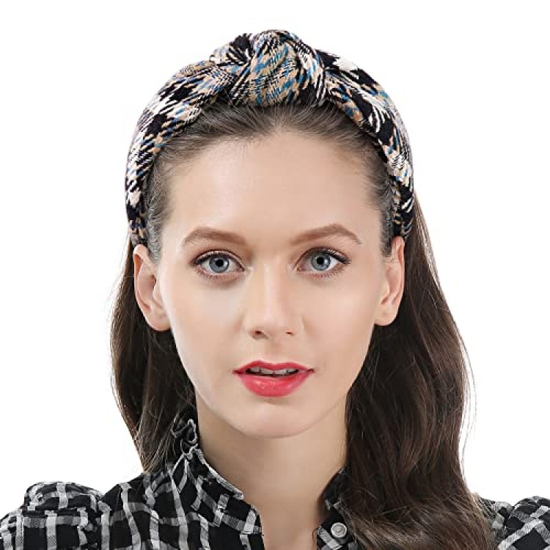 QIANXUAN 매듭 터번 머리띠 여성용 니트 헤어 밴드 여성용 헤어 탑 매듭 머리띠 격자 무늬 우아한 능직 헤어 액세서리 소녀를위한 패션 블랙 헤어 밴드
