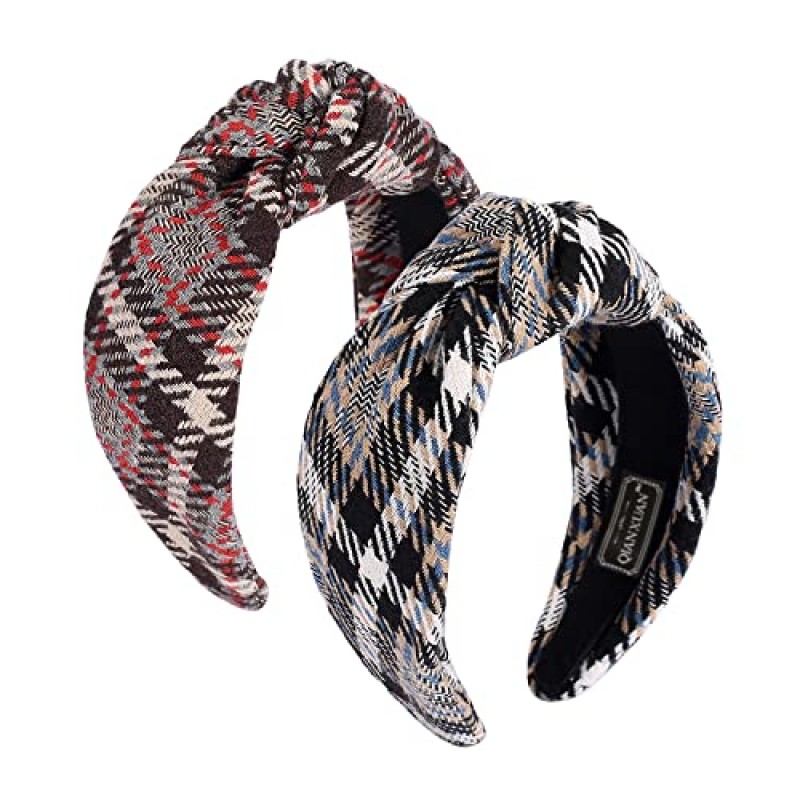 QIANXUAN 매듭 터번 머리띠 여성용 니트 헤어 밴드 여성용 헤어 탑 매듭 머리띠 격자 무늬 우아한 능직 헤어 액세서리 소녀를위한 패션 블랙 헤어 밴드