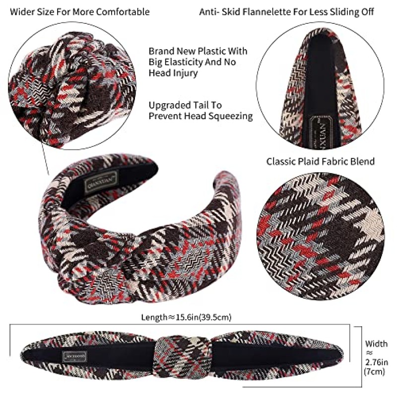 QIANXUAN 매듭 터번 머리띠 여성용 니트 헤어 밴드 여성용 헤어 탑 매듭 머리띠 격자 무늬 우아한 능직 헤어 액세서리 소녀를위한 패션 블랙 헤어 밴드