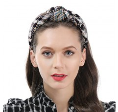 QIANXUAN 매듭 터번 머리띠 여성용 니트 헤어 밴드 여성용 헤어 탑 매듭 머리띠 격자 무늬 우아한 능직 헤어 액세서리 소녀를위한 패션 블랙 헤어 밴드