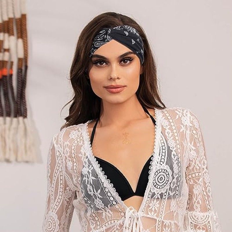 Urieo 보호 머리띠 스트레치 페이즐리 프린트 반다나 머리띠 크리스 크로스 헤어 밴드 매듭 머리 랩 여성과 소녀를 위한 요가 매일(4개 팩)(B)