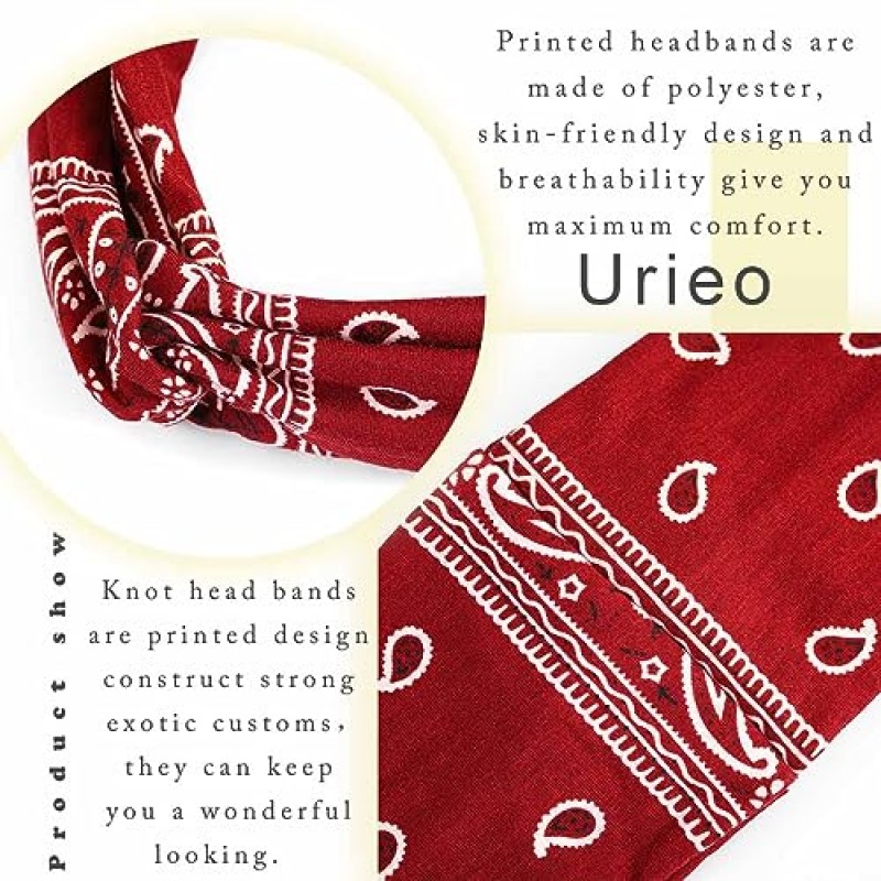 Urieo 보호 머리띠 스트레치 페이즐리 프린트 반다나 머리띠 크리스 크로스 헤어 밴드 매듭 머리 랩 여성과 소녀를 위한 요가 매일(4개 팩)(B)