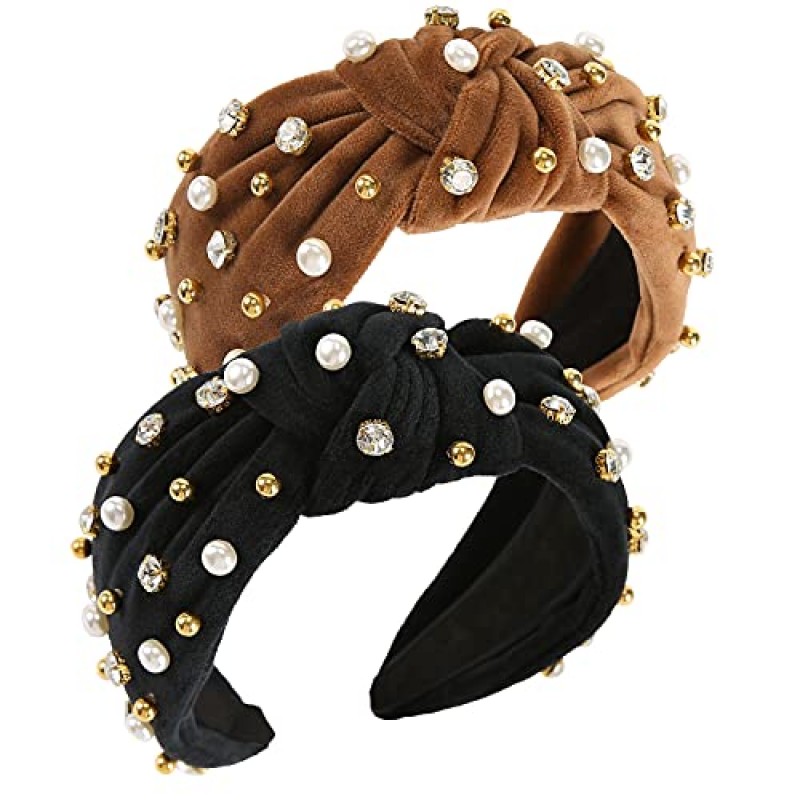 QIANXUAN 여성용 와이드 라인 석 머리띠 여성용 진주 머리띠 여성용 비즈가있는 화이트 탑 매듭 머리띠 진주 크리스탈 장식 수제 헤어 밴드 쥬얼리 다이아몬드 패션 벨벳 헤어 액세서리 2PCS