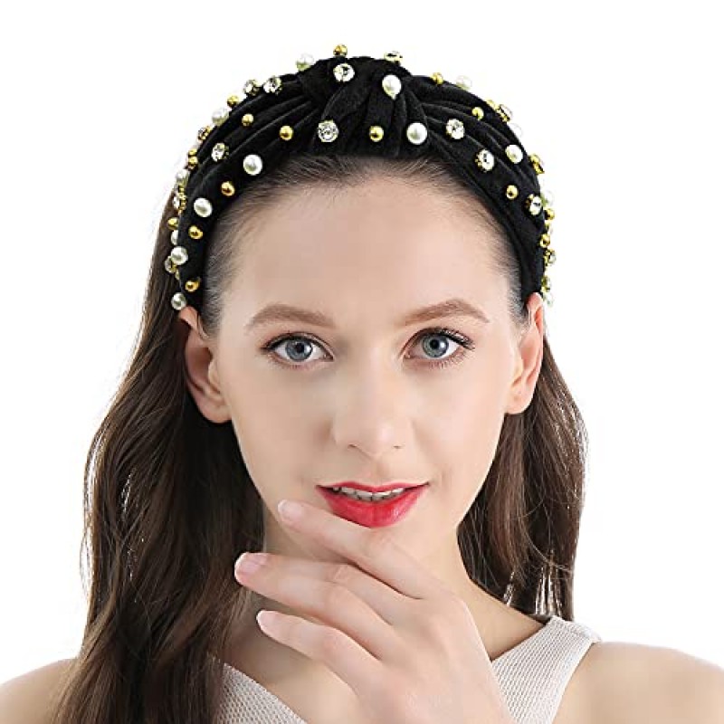 QIANXUAN 여성용 와이드 라인 석 머리띠 여성용 진주 머리띠 여성용 비즈가있는 화이트 탑 매듭 머리띠 진주 크리스탈 장식 수제 헤어 밴드 쥬얼리 다이아몬드 패션 벨벳 헤어 액세서리 2PCS