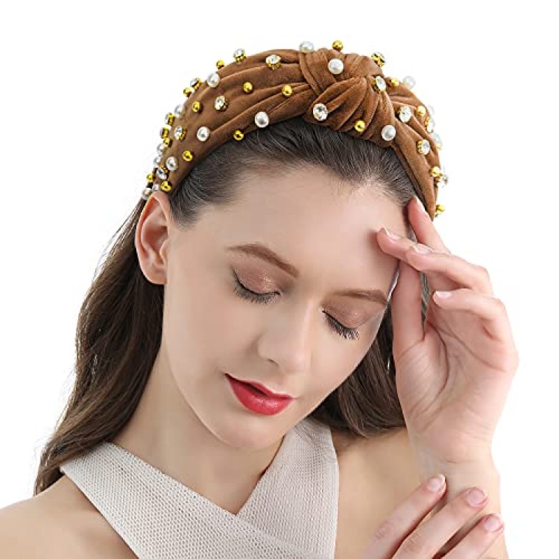 QIANXUAN 여성용 와이드 라인 석 머리띠 여성용 진주 머리띠 여성용 비즈가있는 화이트 탑 매듭 머리띠 진주 크리스탈 장식 수제 헤어 밴드 쥬얼리 다이아몬드 패션 벨벳 헤어 액세서리 2PCS