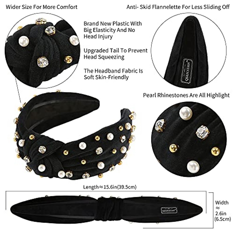 QIANXUAN 여성용 와이드 라인 석 머리띠 여성용 진주 머리띠 여성용 비즈가있는 화이트 탑 매듭 머리띠 진주 크리스탈 장식 수제 헤어 밴드 쥬얼리 다이아몬드 패션 벨벳 헤어 액세서리 2PCS
