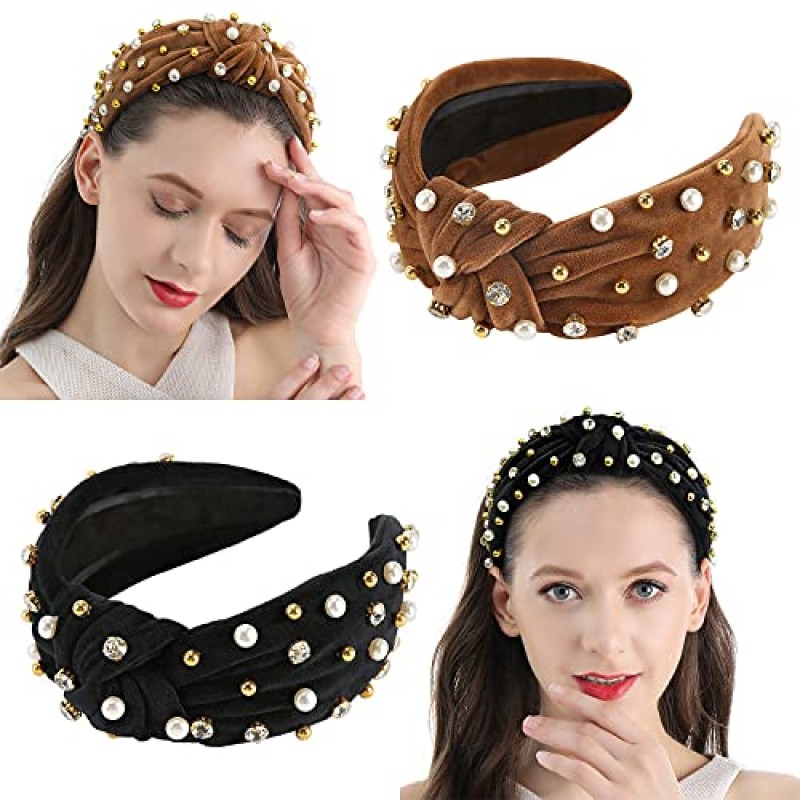 QIANXUAN 여성용 와이드 라인 석 머리띠 여성용 진주 머리띠 여성용 비즈가있는 화이트 탑 매듭 머리띠 진주 크리스탈 장식 수제 헤어 밴드 쥬얼리 다이아몬드 패션 벨벳 헤어 액세서리 2PCS