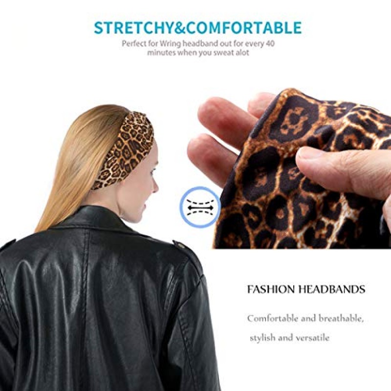 GORTIN Boho 머리띠 블랙 요가 레오파드 헤어 밴드 스트레치 와이드 헤드 밴드 트위스트 터번 매듭 스웨트 밴드 여성과 소녀를위한 탄성 헤어 랩 4 팩
