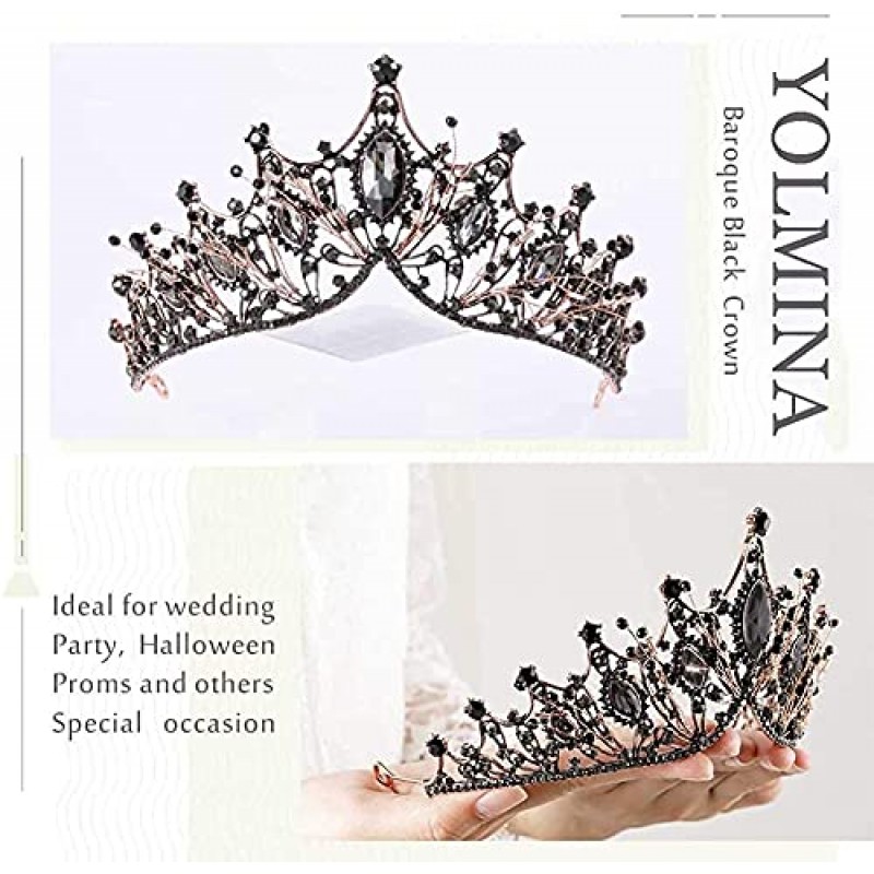 여성용 바로크 블랙 퀸 크라운, 여성용 다크 고딕 공주 티아라 및 크라운 수제 크리스탈 머리띠 생일 티아라 - 웨딩 할로윈 축제 의상 생일 음악 축제