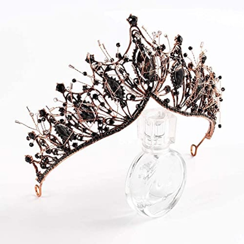 여성용 바로크 블랙 퀸 크라운, 여성용 다크 고딕 공주 티아라 및 크라운 수제 크리스탈 머리띠 생일 티아라 - 웨딩 할로윈 축제 의상 생일 음악 축제