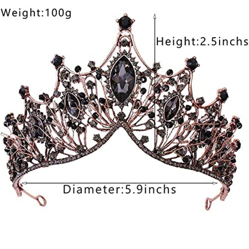 여성용 바로크 블랙 퀸 크라운, 여성용 다크 고딕 공주 티아라 및 크라운 수제 크리스탈 머리띠 생일 티아라 - 웨딩 할로윈 축제 의상 생일 음악 축제