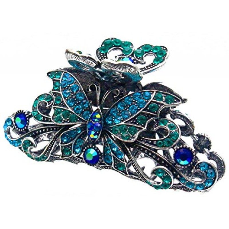 패션 및 라이프 스타일 여성과 소녀를 위한 대형 금속 합금 헤어 클로 조 클립 - 꽤 강한 클램프 미끄럼 방지 자용 머리 Updo 그립 두꺼운 모발용 욕실 액세서리, 블루 그린