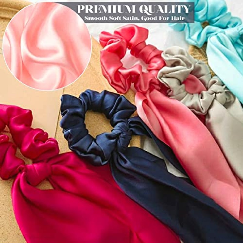 14 조각 머리 스카프 Scrunchies, 활 머리 넥타이, 활 머리 리본 포니 테일 홀더가있는 새틴 Scrunchies, 토끼 귀 헤어 밴드 여성용 Bowknot 헤어 액세서리 여자