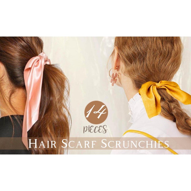 14 조각 머리 스카프 Scrunchies, 활 머리 넥타이, 활 머리 리본 포니 테일 홀더가있는 새틴 Scrunchies, 토끼 귀 헤어 밴드 여성용 Bowknot 헤어 액세서리 여자