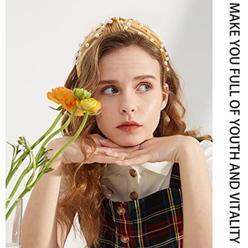 AOPRIE 탑 매듭 머리띠 여성용 6 팩 와이드 일반 머리띠 여성용 진주 헤어 밴드 여성용 패션 탄성 헤어 액세서리 블랙 핑크 옐로우 블루