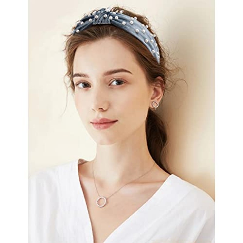 AOPRIE 탑 매듭 머리띠 여성용 6 팩 와이드 일반 머리띠 여성용 진주 헤어 밴드 여성용 패션 탄성 헤어 액세서리 블랙 핑크 옐로우 블루