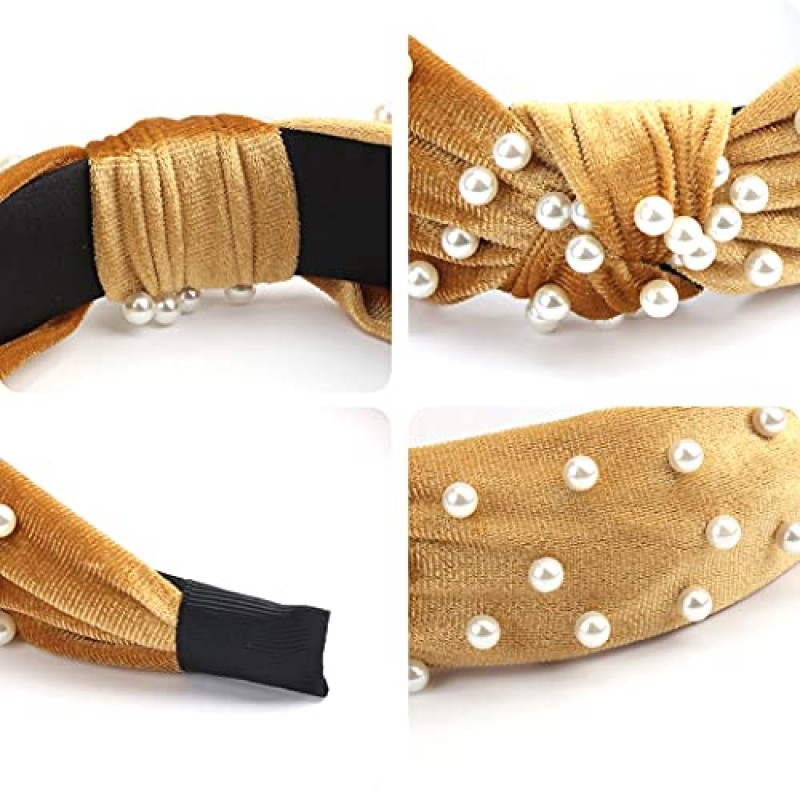 AOPRIE 탑 매듭 머리띠 여성용 6 팩 와이드 일반 머리띠 여성용 진주 헤어 밴드 여성용 패션 탄성 헤어 액세서리 블랙 핑크 옐로우 블루