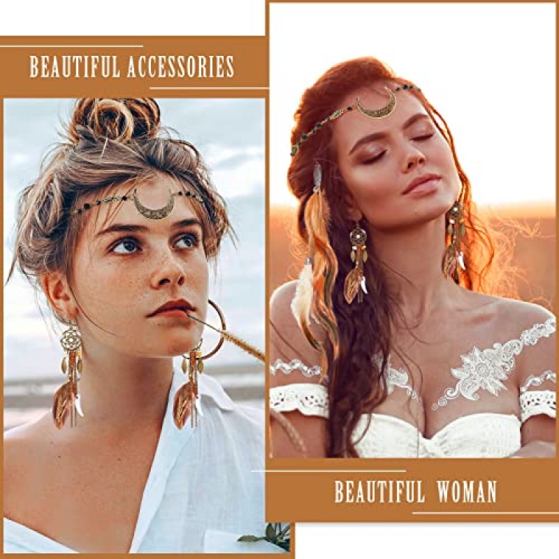 5 팩 깃털 헤어 클립 Boho 헤드 문 체인 크리스탈 빈티지 이마 쥬얼리 마녀 헤드 피스 파티 할로윈 여성을위한 긴 술 깃털 귀걸이 의상과 히피 빗 (혼합 색상)