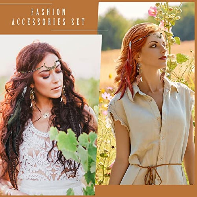 5 팩 깃털 헤어 클립 Boho 헤드 문 체인 크리스탈 빈티지 이마 쥬얼리 마녀 헤드 피스 파티 할로윈 여성을위한 긴 술 깃털 귀걸이 의상과 히피 빗 (혼합 색상)