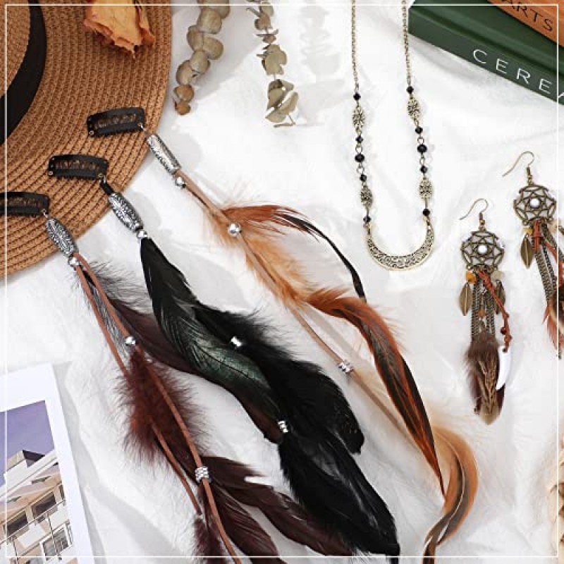 5 팩 깃털 헤어 클립 Boho 헤드 문 체인 크리스탈 빈티지 이마 쥬얼리 마녀 헤드 피스 파티 할로윈 여성을위한 긴 술 깃털 귀걸이 의상과 히피 빗 (혼합 색상)