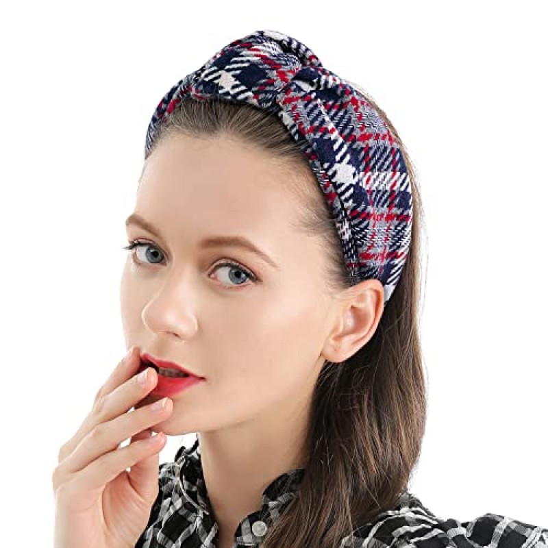 QIANXUAN 매듭 터번 머리띠 여성용 니트 헤어 밴드 여성용 헤어 탑 매듭 머리띠 격자 무늬 우아한 능직 헤어 액세서리 소녀를위한 패션 블랙 헤어 밴드