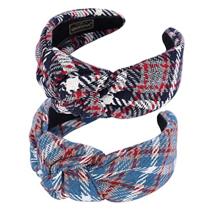 QIANXUAN 매듭 터번 머리띠 여성용 니트 헤어 밴드 여성용 헤어 탑 매듭 머리띠 격자 무늬 우아한 능직 헤어 액세서리 소녀를위한 패션 블랙 헤어 밴드